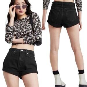 Wild Fable Women's Sz 10 Black Cotton Jean Cuffed Mom High Rise Shorts